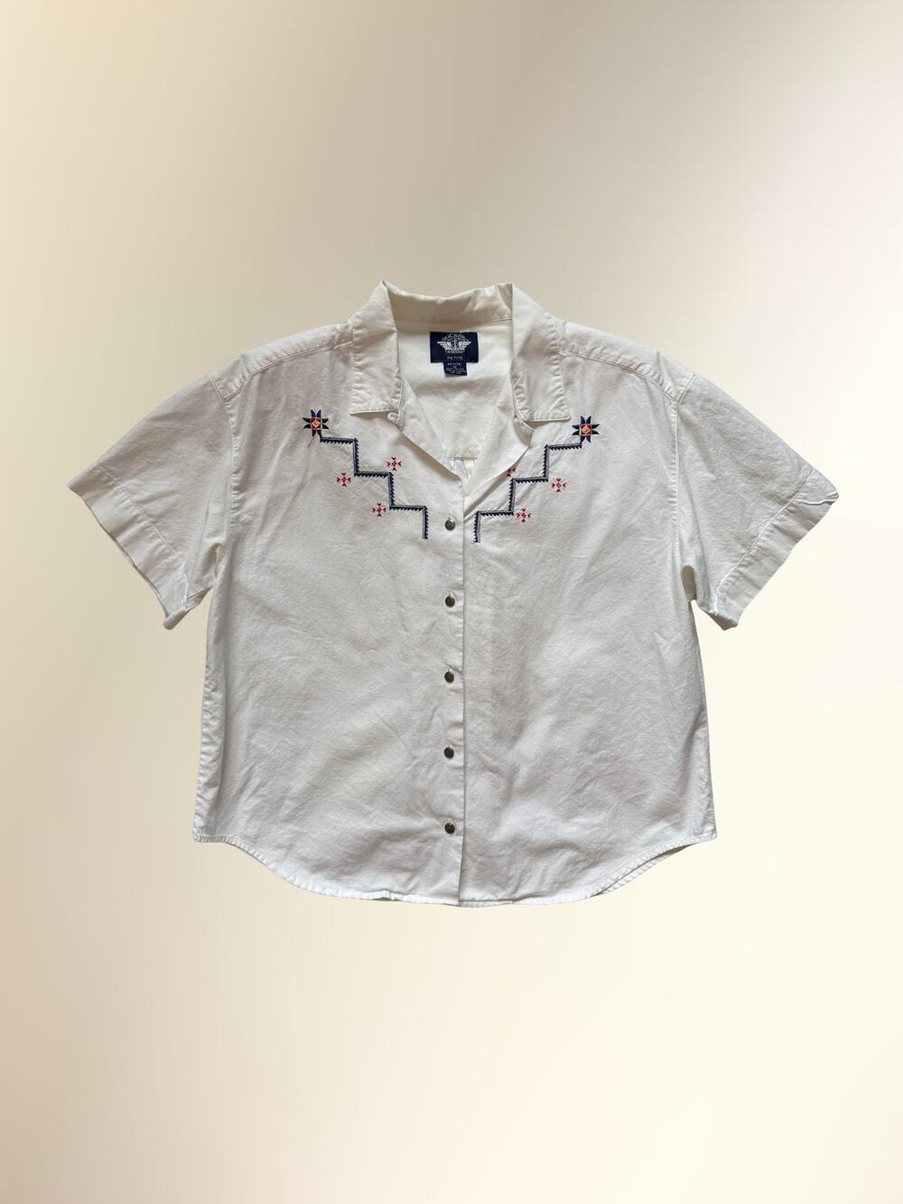 Vintage Dockers Cream Aztec Embroidered Short Sleeve Button Down Blouse PM